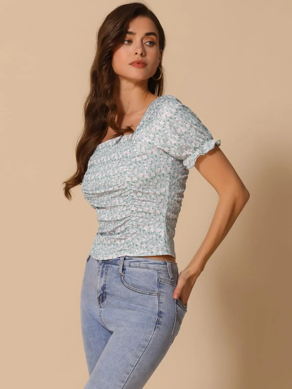 Allegra K Smocked Crop Top for Women's Slim Fit Floral Peasant Blouse