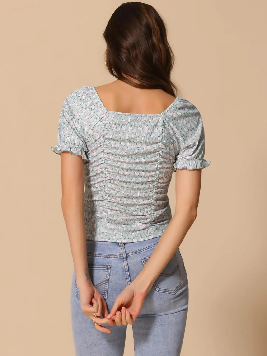 Allegra K Smocked Crop Top for Women's Slim Fit Floral Peasant Blouse
