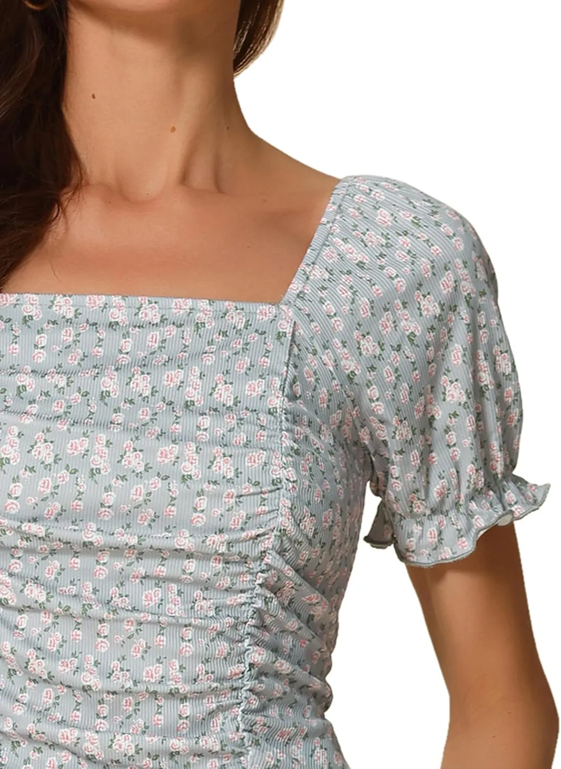 Allegra K Smocked Crop Top for Women's Slim Fit Floral Peasant Blouse
