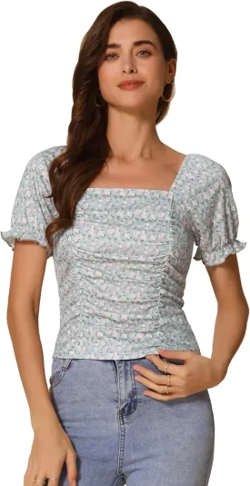 Allegra K Smocked Crop Top for Women's Slim Fit Floral Peasant Blouse