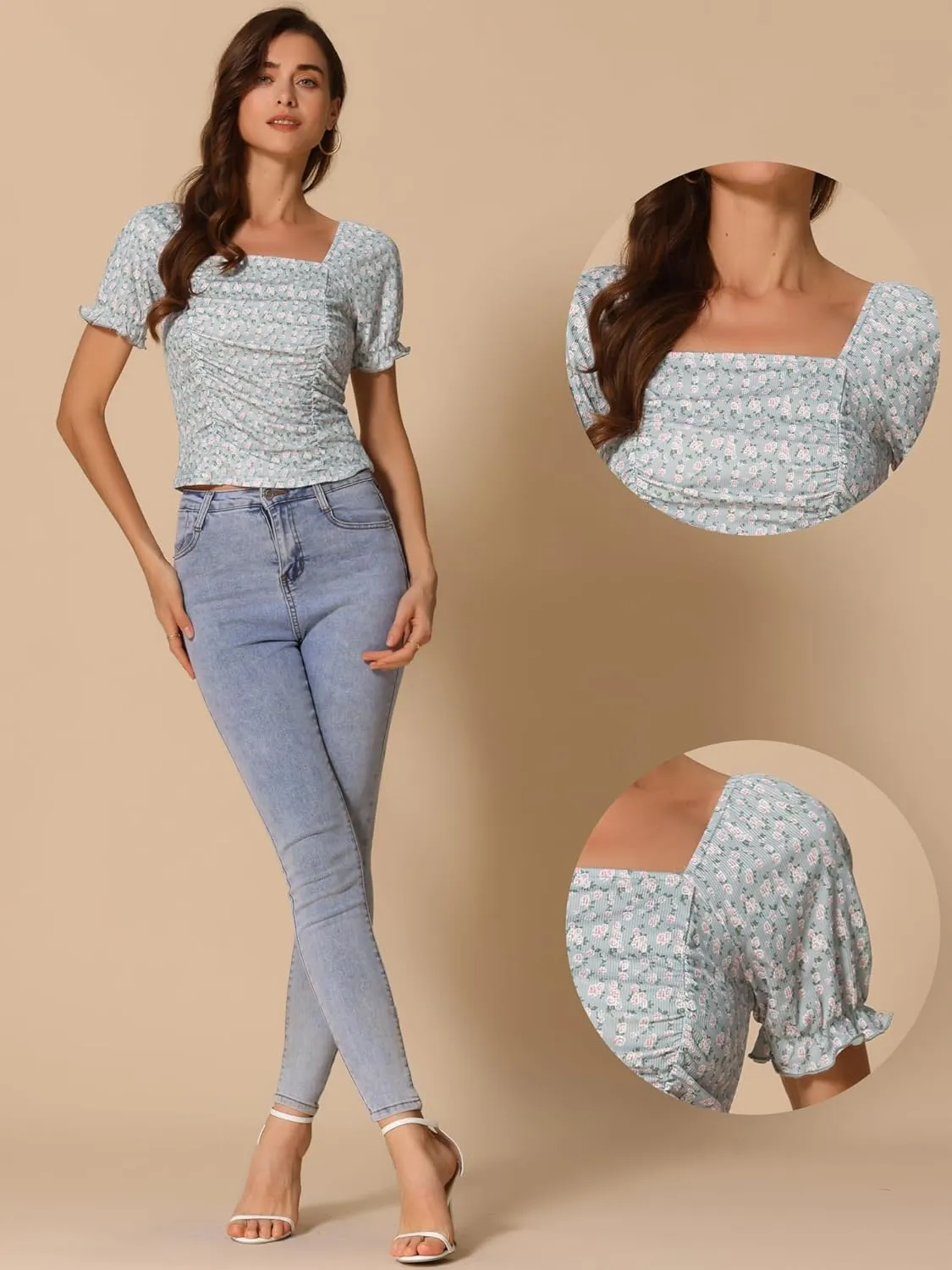 Allegra K Smocked Crop Top for Women's Slim Fit Floral Peasant Blouse