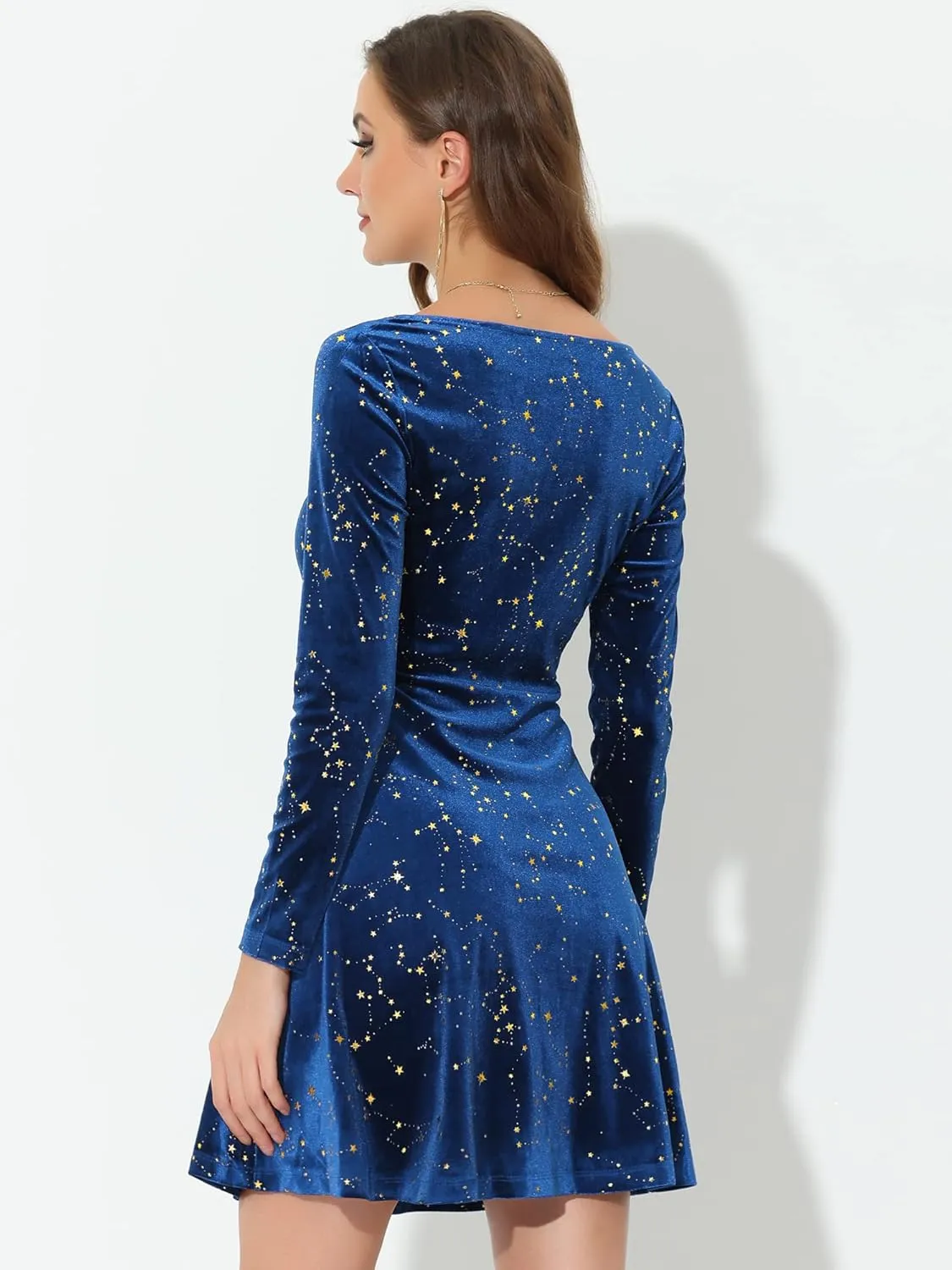 Allegra K Velvet Dress for Women's Stars Square Neck Mini A-Line Dress