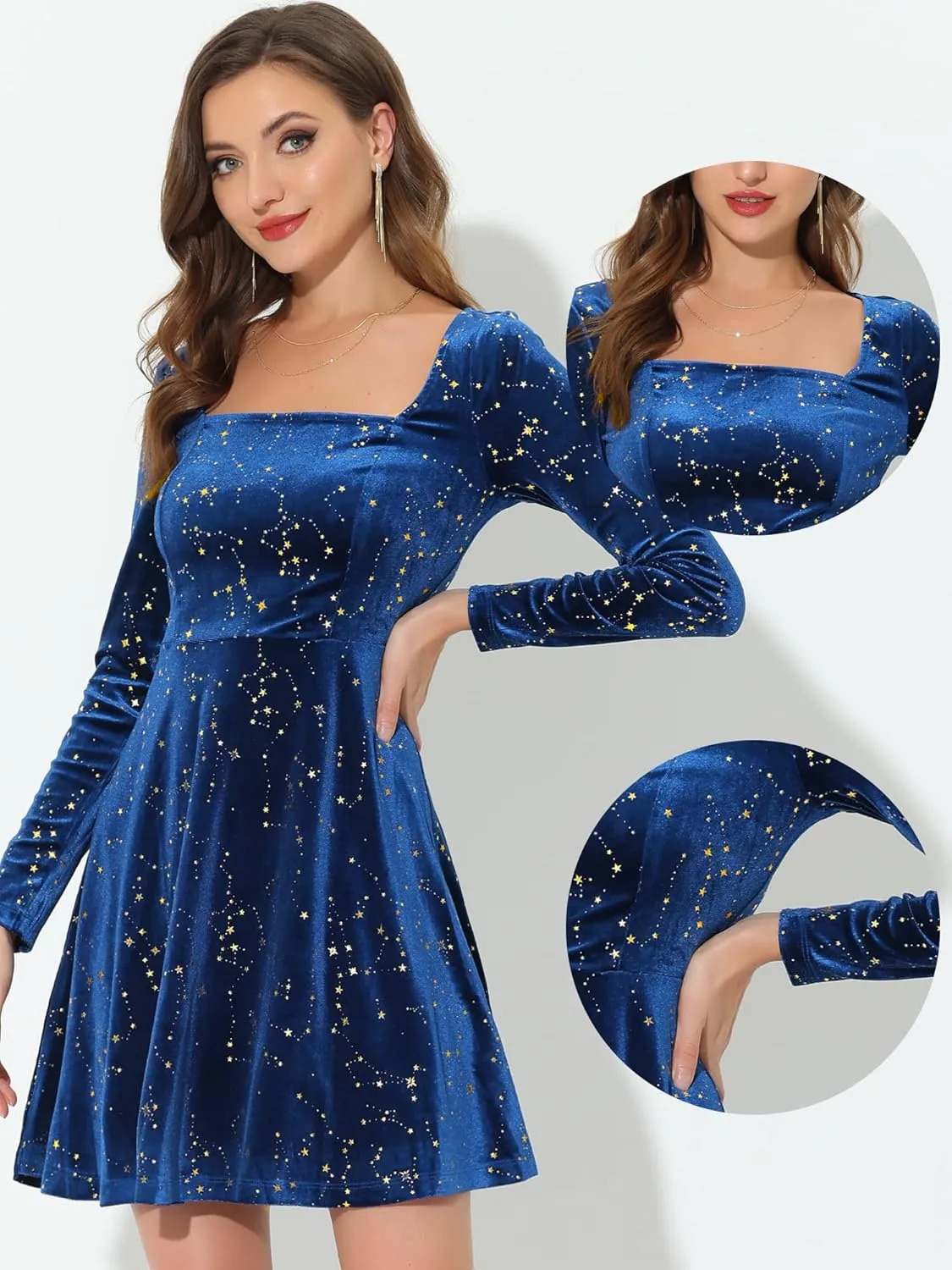Allegra K Velvet Dress for Women's Stars Square Neck Mini A-Line Dress