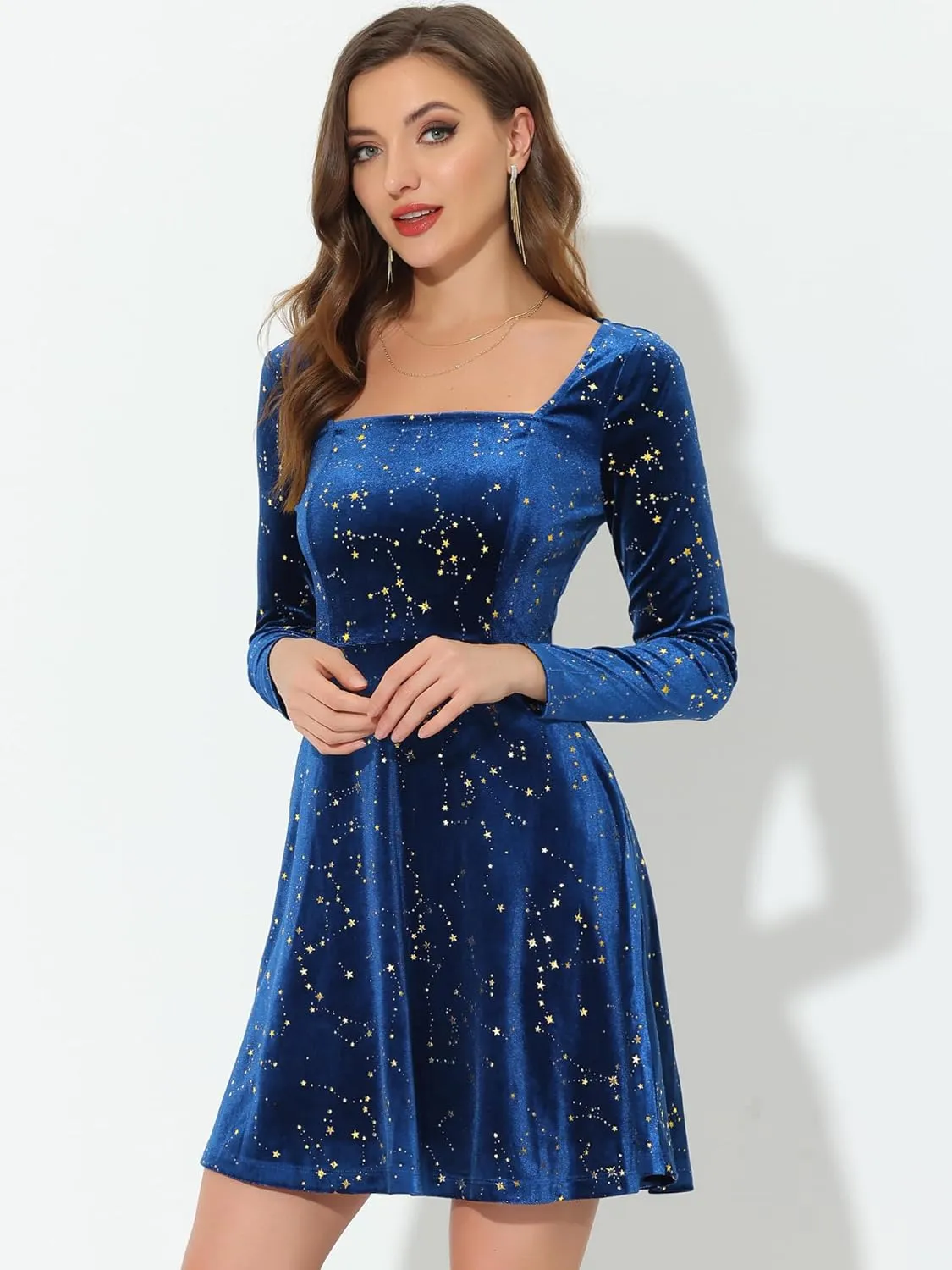 Allegra K Velvet Dress for Women's Stars Square Neck Mini A-Line Dress