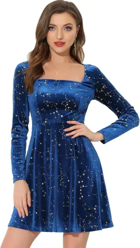 Allegra K Velvet Dress for Women's Stars Square Neck Mini A-Line Dress
