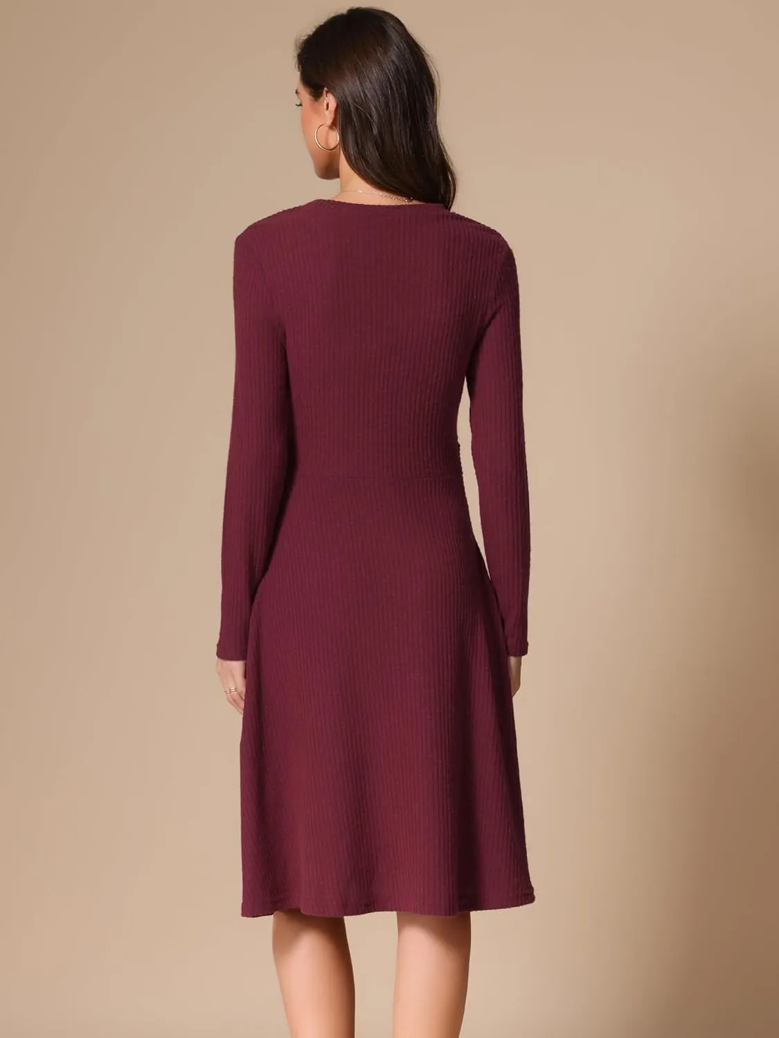 Allegra K Women's Sweater Dress Ribbed Dress A Line Tie Waist Crew Neck Knit Long Sleeve Dress Midi Dresses
