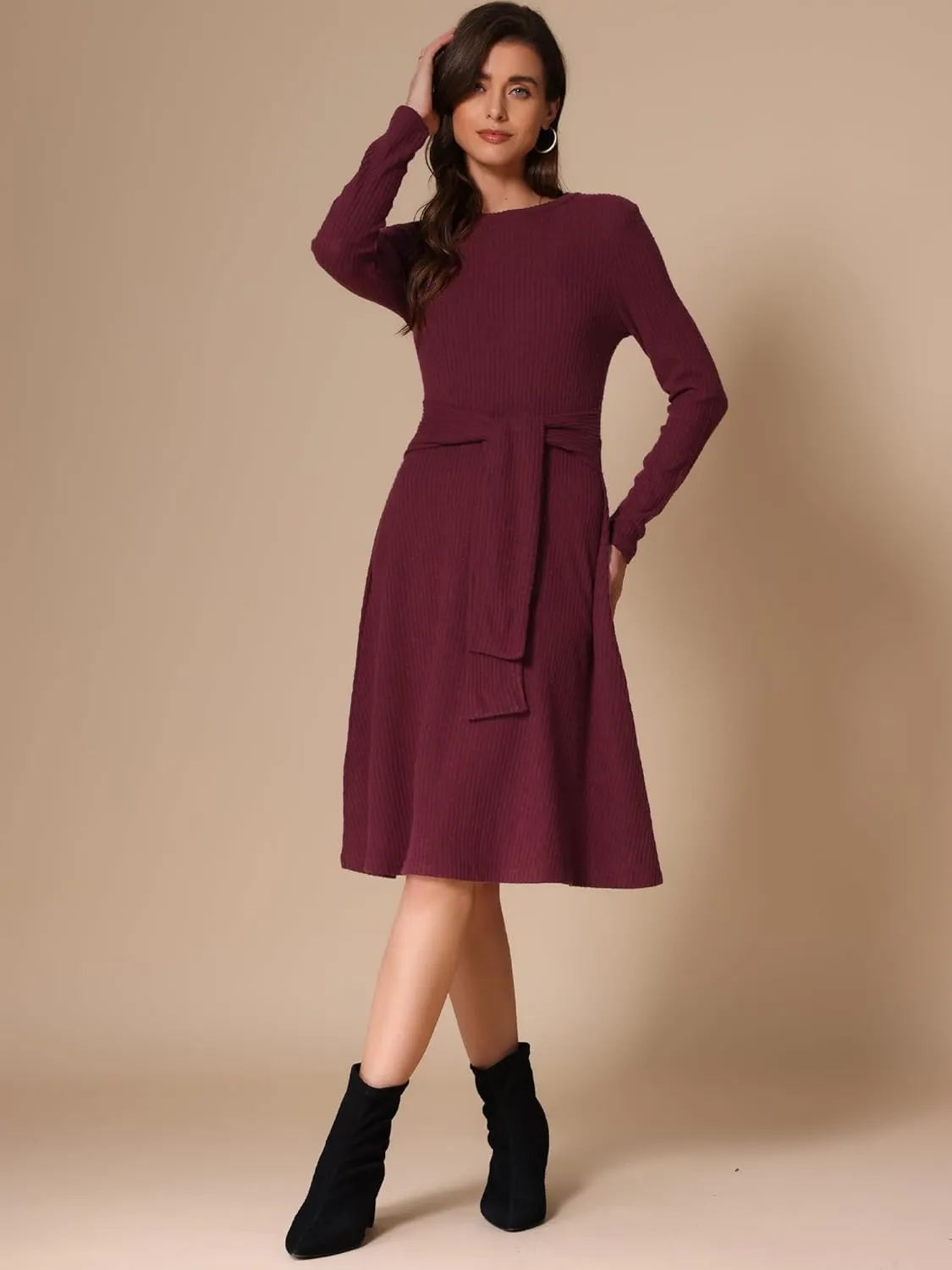 Allegra K Women's Sweater Dress Ribbed Dress A Line Tie Waist Crew Neck Knit Long Sleeve Dress Midi Dresses