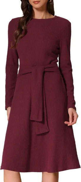 Allegra K Women's Sweater Dress Ribbed Dress A Line Tie Waist Crew Neck Knit Long Sleeve Dress Midi Dresses