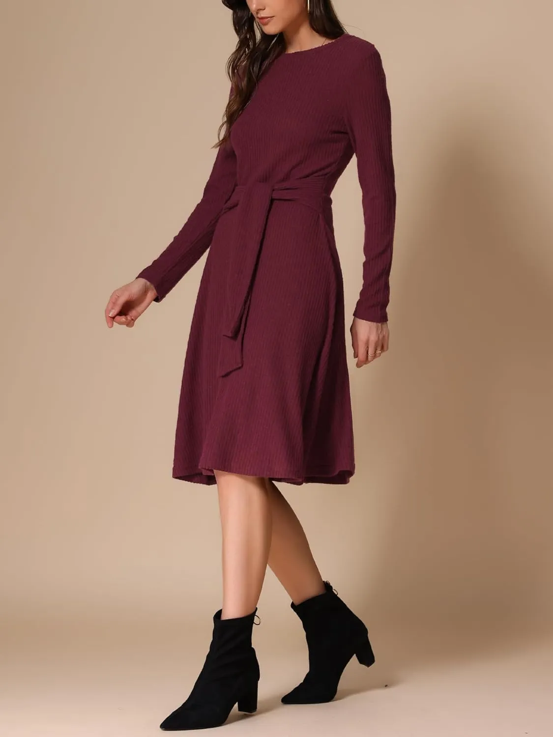 Allegra K Women's Sweater Dress Ribbed Dress A Line Tie Waist Crew Neck Knit Long Sleeve Dress Midi Dresses