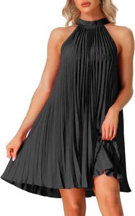 Allegra K Women's Tie Halter Neck Dress Sleeveless Summer Solid Color Flowy Pleated Beach Dress Sundress