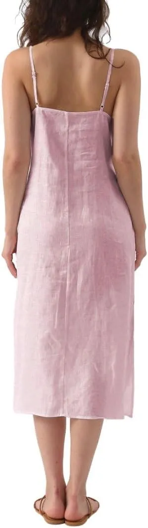 Amazhiyu Womens Pure Linen Summer V Neck Midi Spaghetti Strap Slip Dress with Pockets