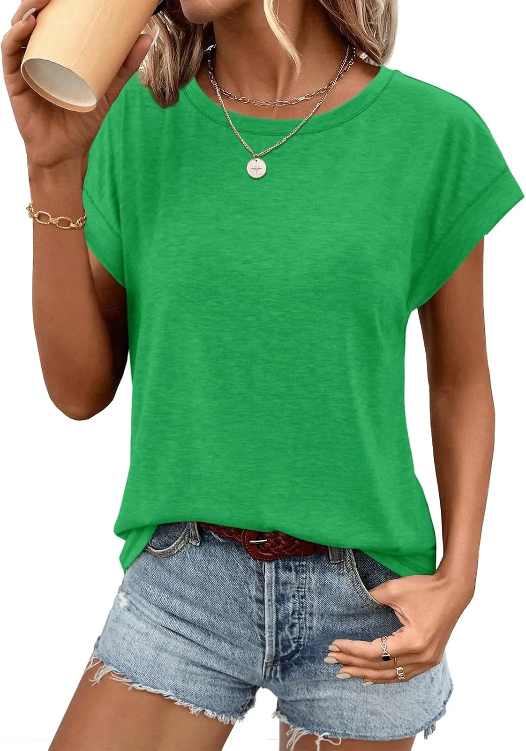 ATHMILE Womens Tops Basic T Shirts Summer Business Dressy Casual Cap Sleeve Tee Cute Clothes Trendy Fashion Outfits
