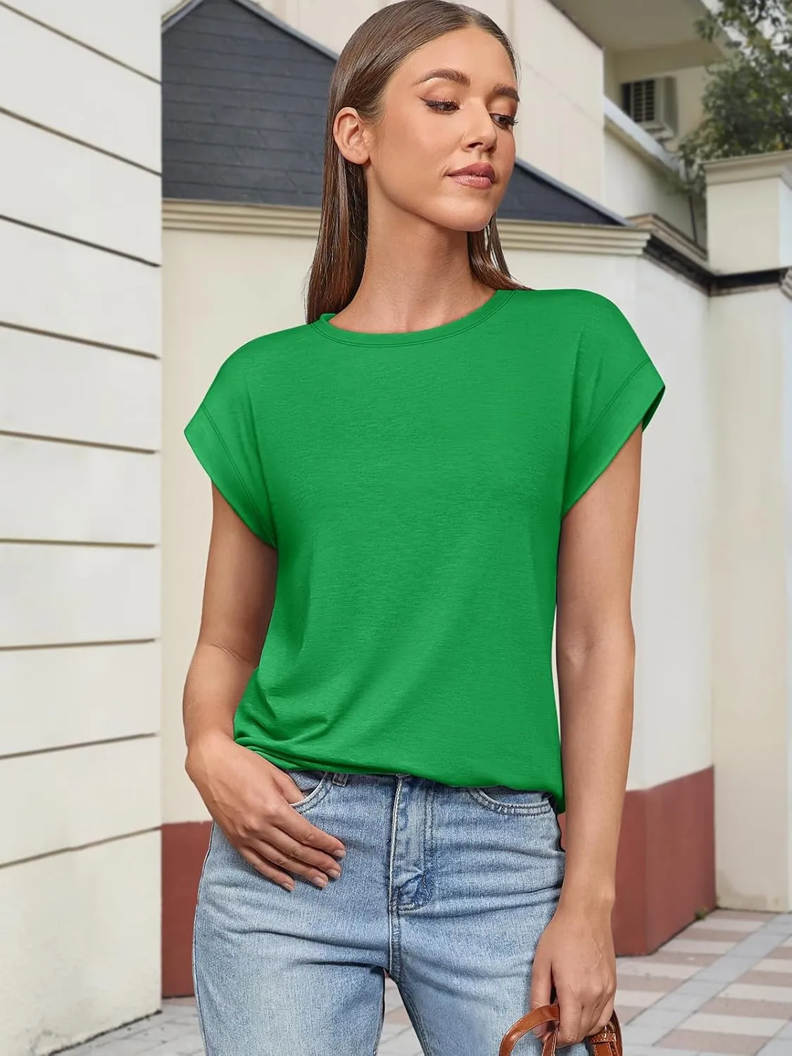 ATHMILE Womens Tops Basic T Shirts Summer Business Dressy Casual Cap Sleeve Tee Cute Clothes Trendy Fashion Outfits