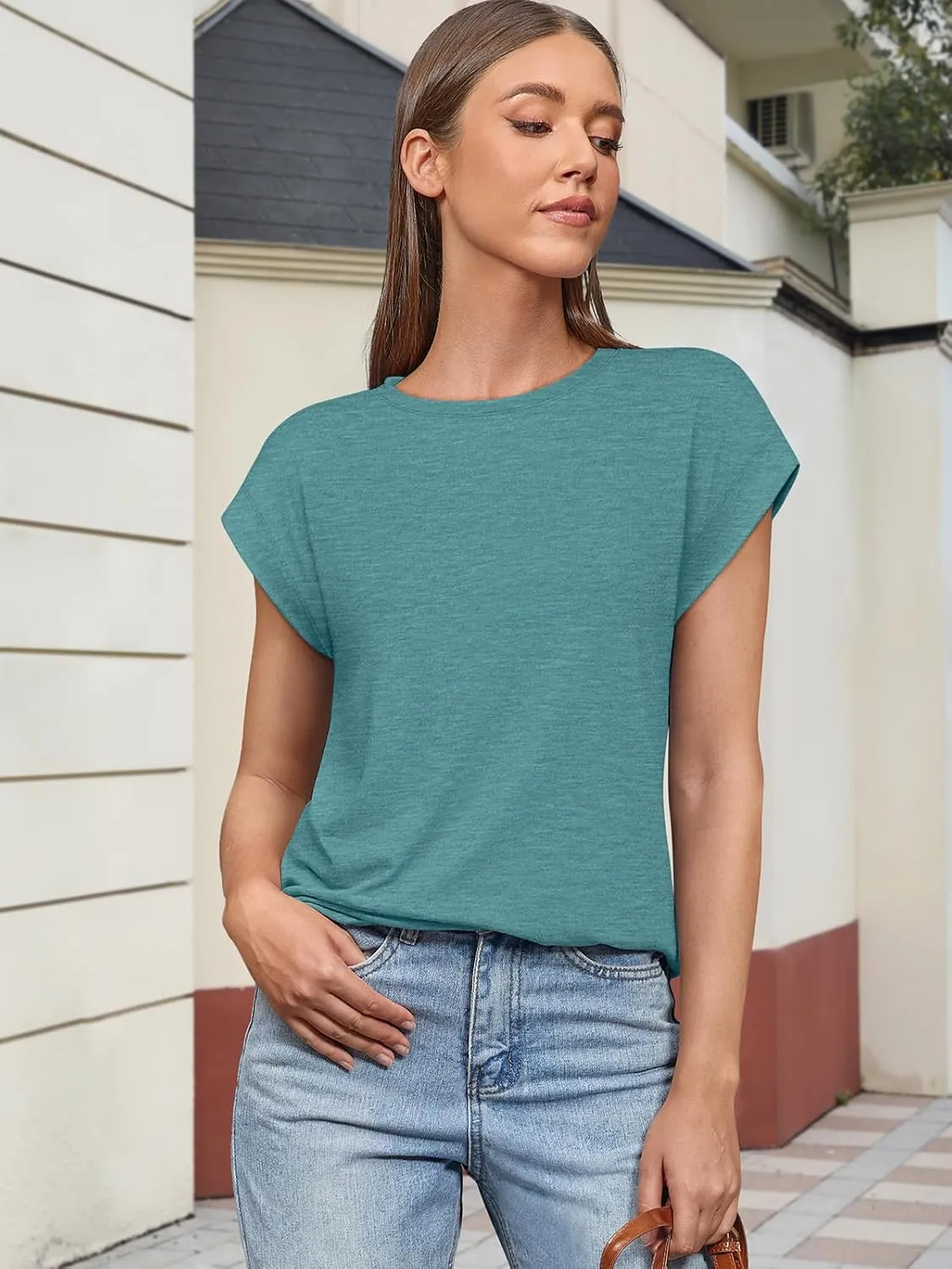 ATHMILE Womens Tops Basic T Shirts Summer Business Dressy Casual Cap Sleeve Tee Cute Clothes Trendy Fashion Outfits