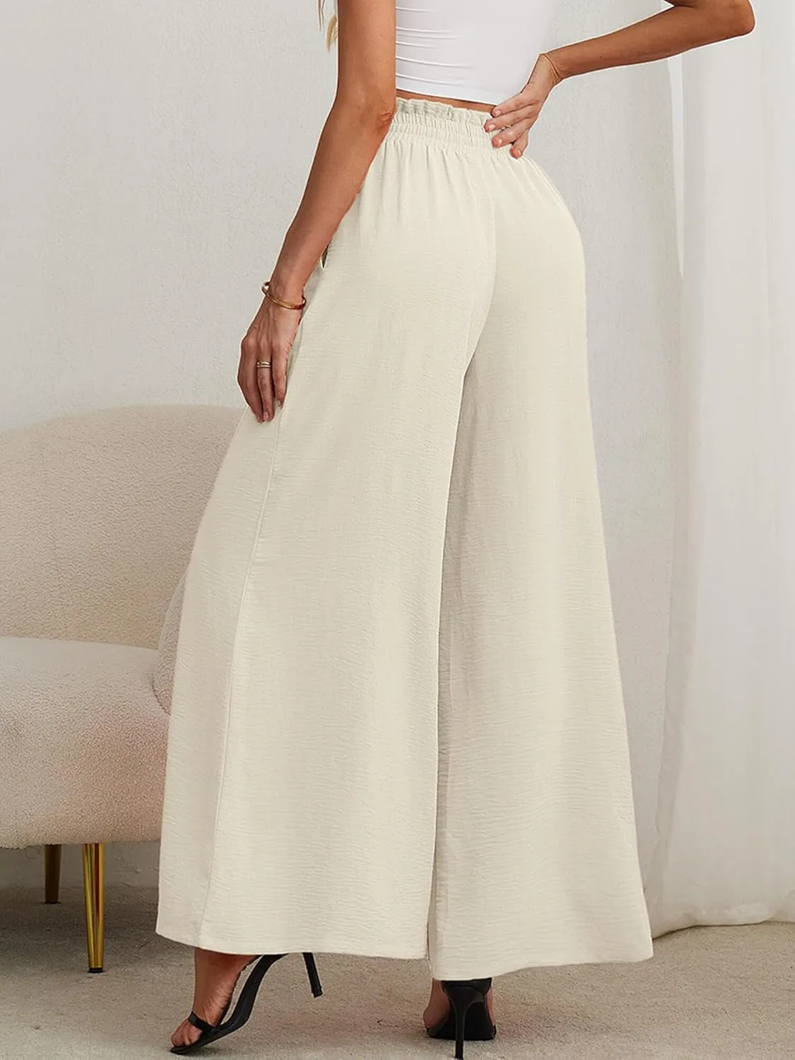 AusLook Women's Wide Leg Dress Pants with Pockets Lightweight High Waisted Adjustable Tie Knot Loose Lounge Trousers