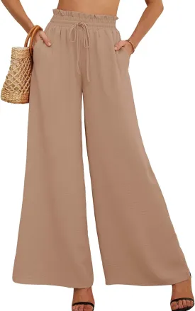 AusLook Women's Wide Leg Dress Pants with Pockets Lightweight High Waisted Adjustable Tie Knot Loose Lounge Trousers