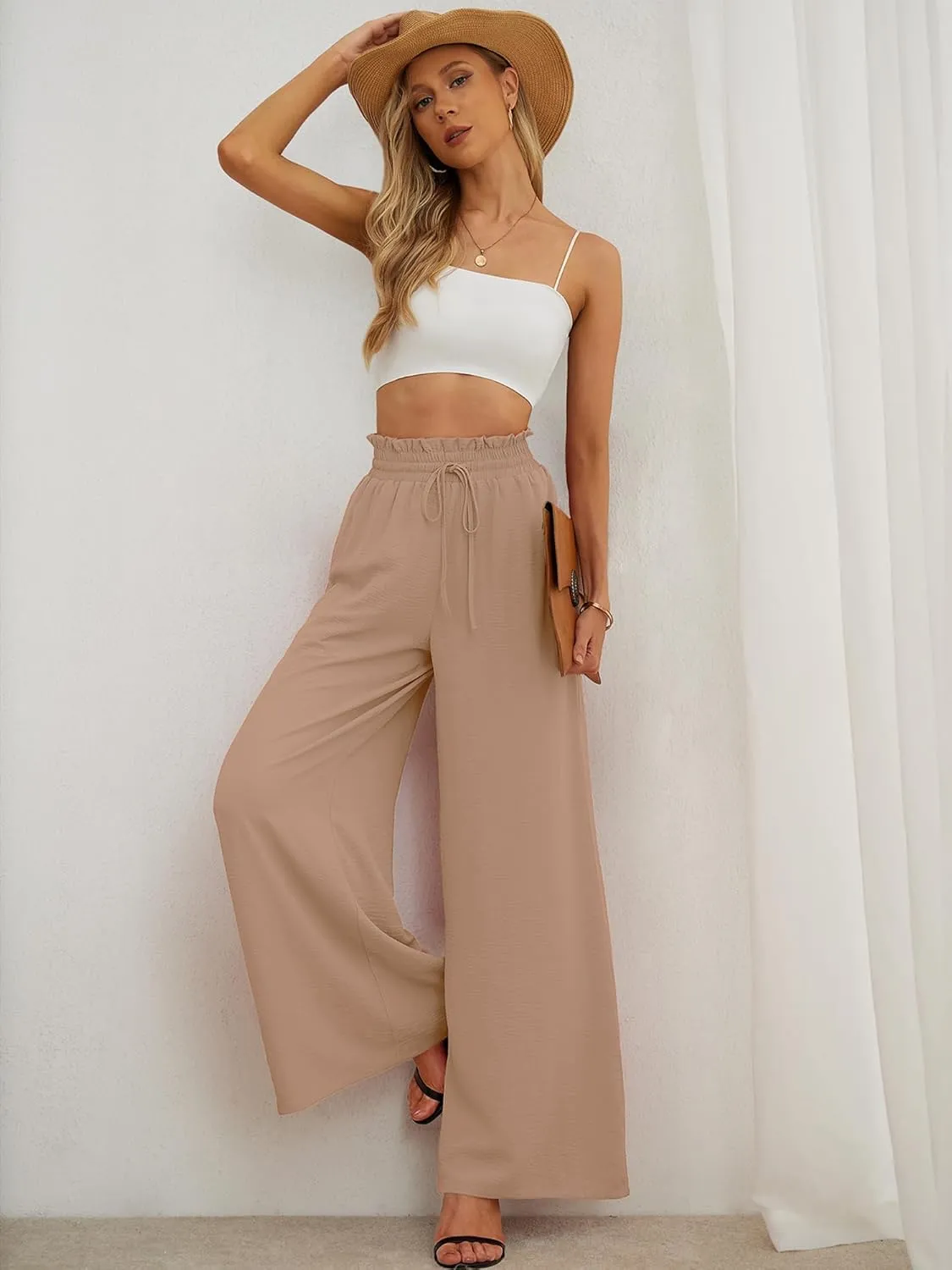 AusLook Women's Wide Leg Dress Pants with Pockets Lightweight High Waisted Adjustable Tie Knot Loose Lounge Trousers