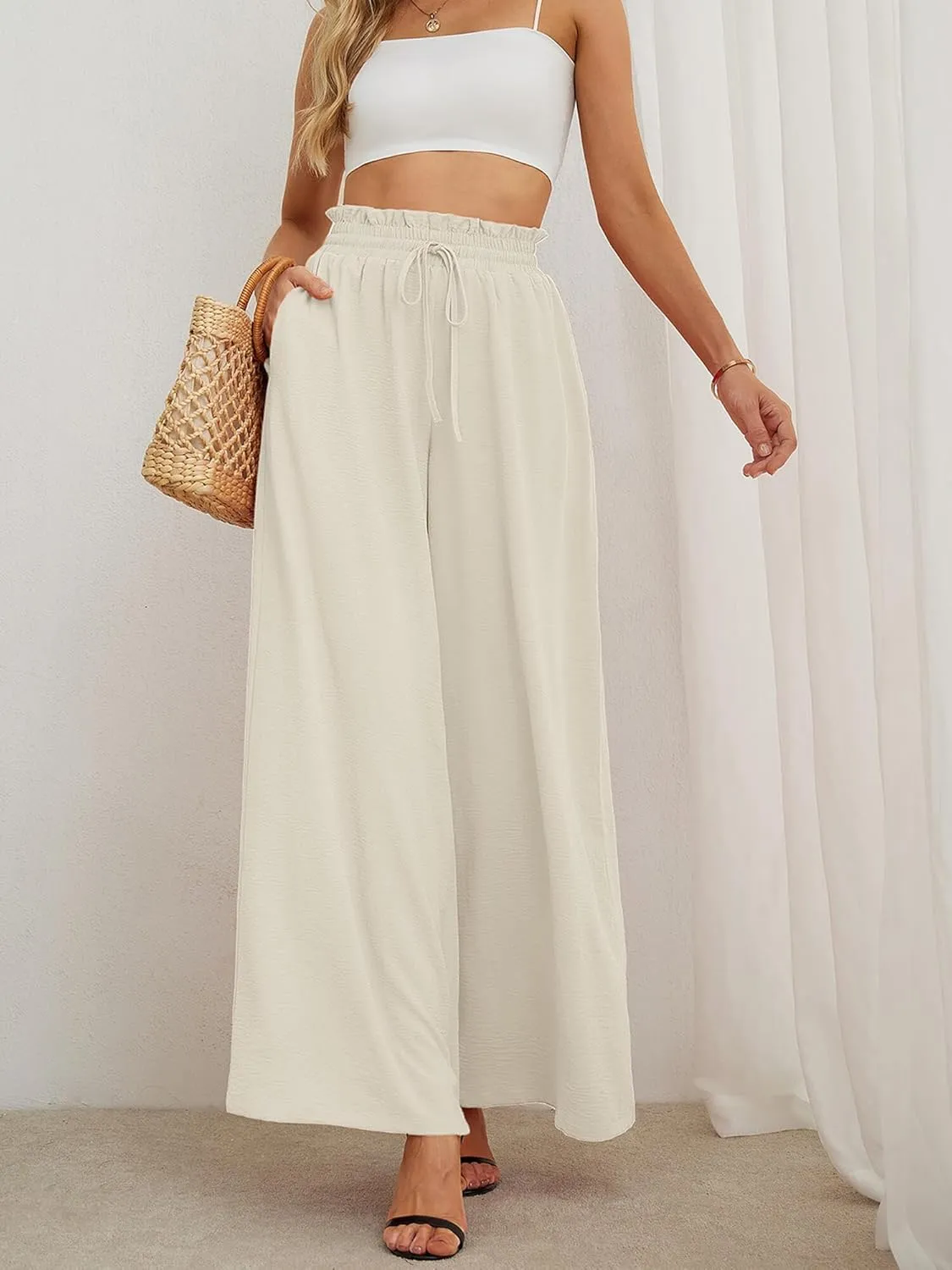 AusLook Women's Wide Leg Dress Pants with Pockets Lightweight High Waisted Adjustable Tie Knot Loose Lounge Trousers