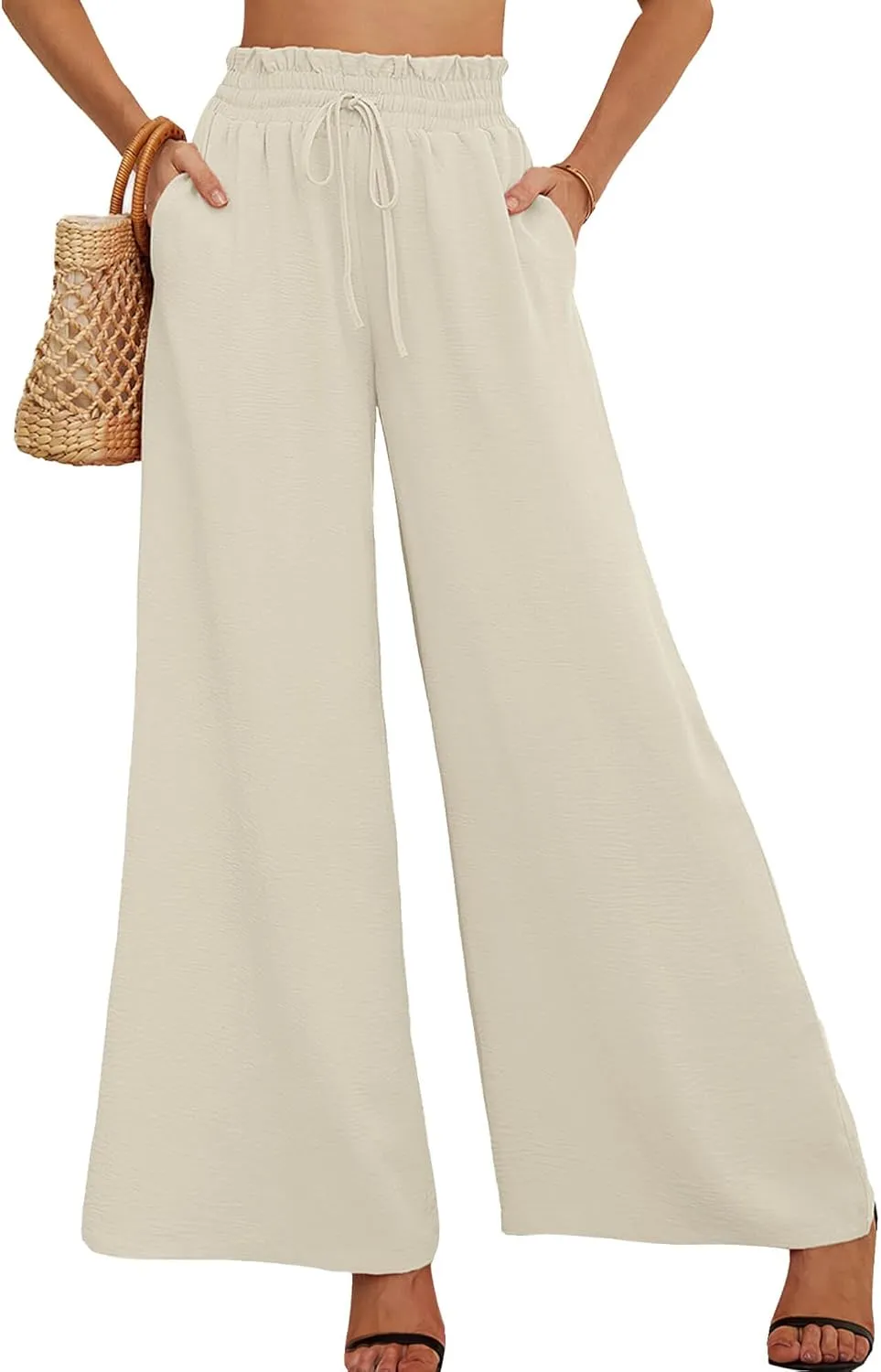 AusLook Women's Wide Leg Dress Pants with Pockets Lightweight High Waisted Adjustable Tie Knot Loose Lounge Trousers
