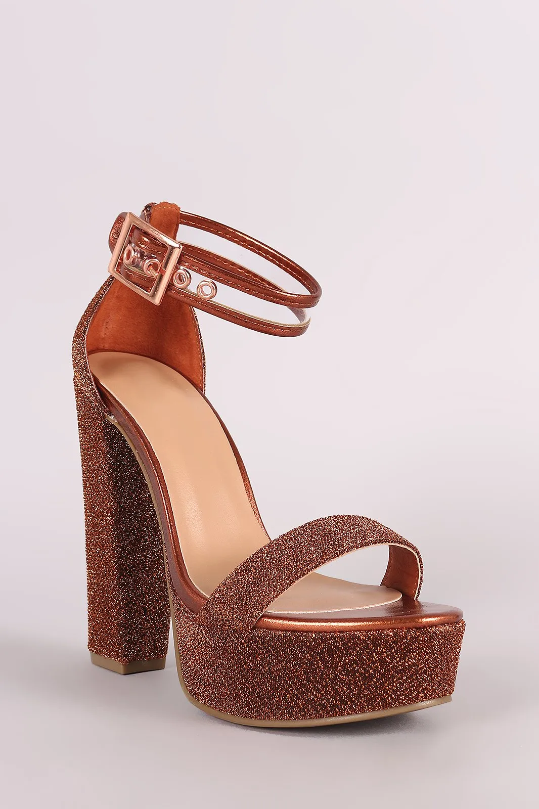 Bamboo Foiled Metallic Fabric Clear Ankle Strap Platform Heel
