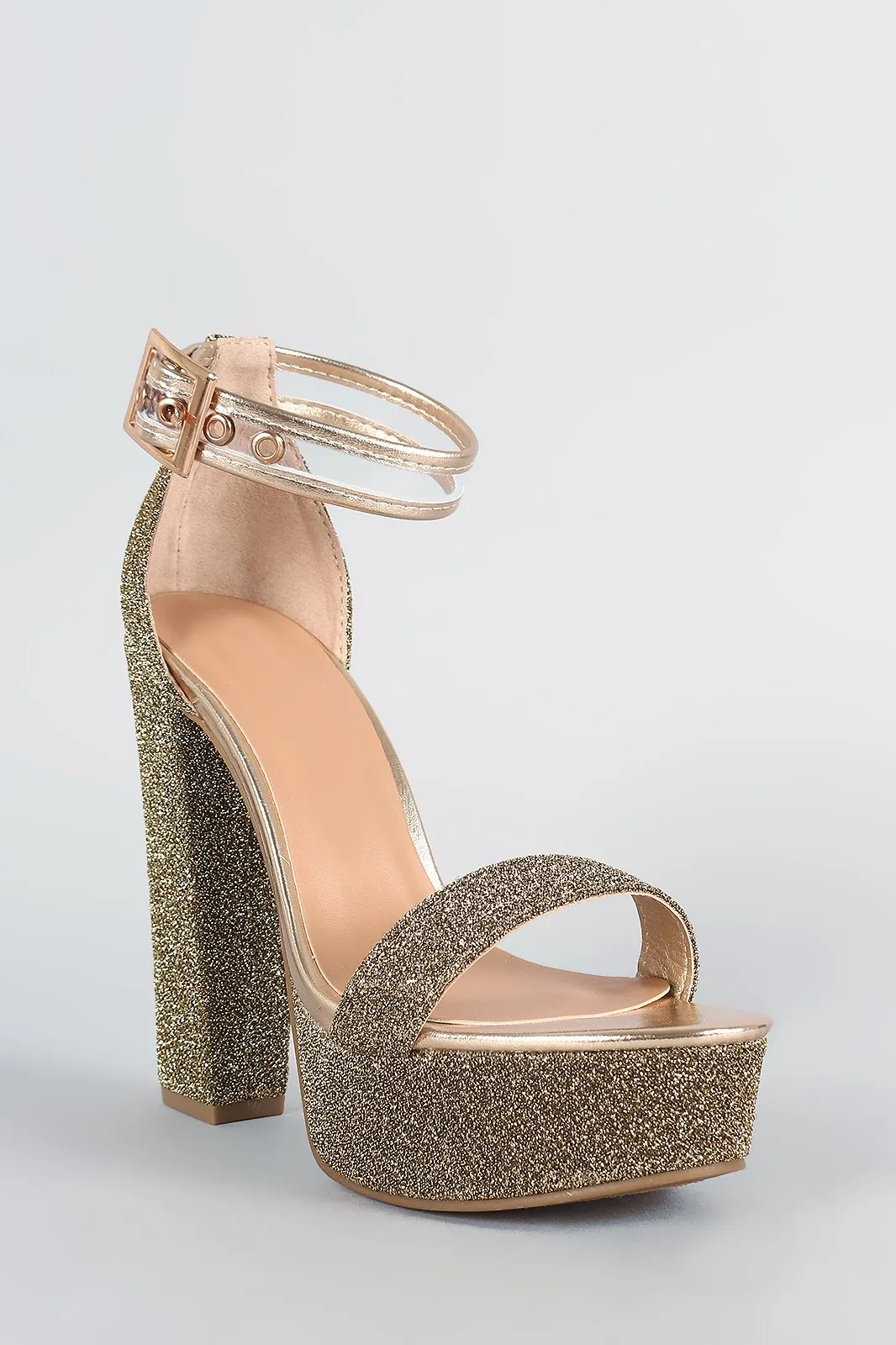 Bamboo Foiled Metallic Fabric Clear Ankle Strap Platform Heel