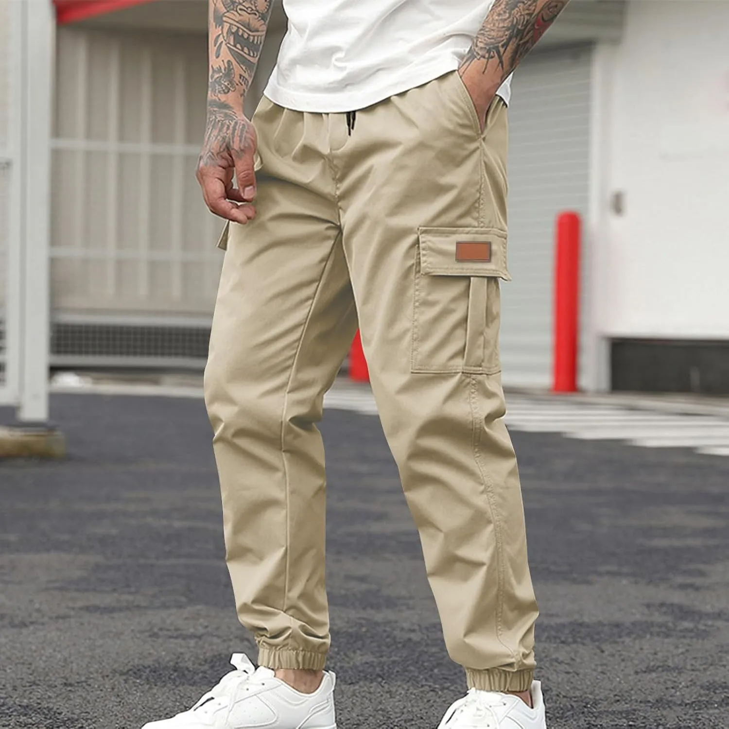 Cargo Pants for Men Baggy Joggers Elastic Waist Drawstring Sweatpants Streetwear with Multi Pockets Hiking Fishing Gear