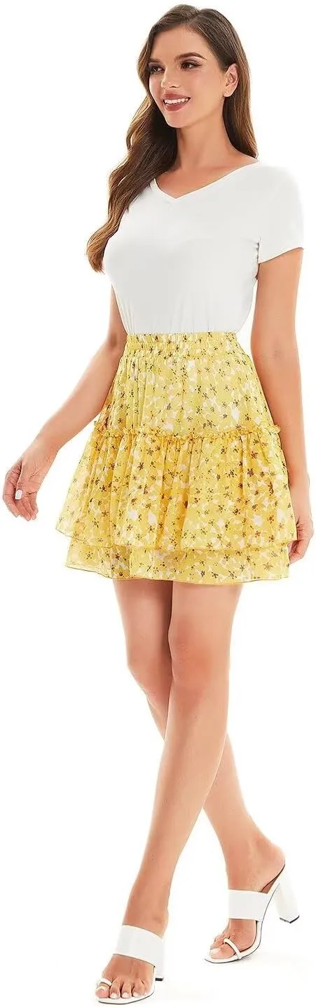 DIASHINY Women's Boho Printed High Waist Layered Ruffle A Line Swing Mini Skirt