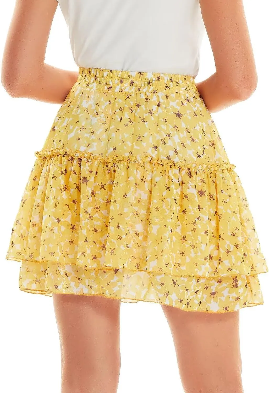 DIASHINY Women's Boho Printed High Waist Layered Ruffle A Line Swing Mini Skirt
