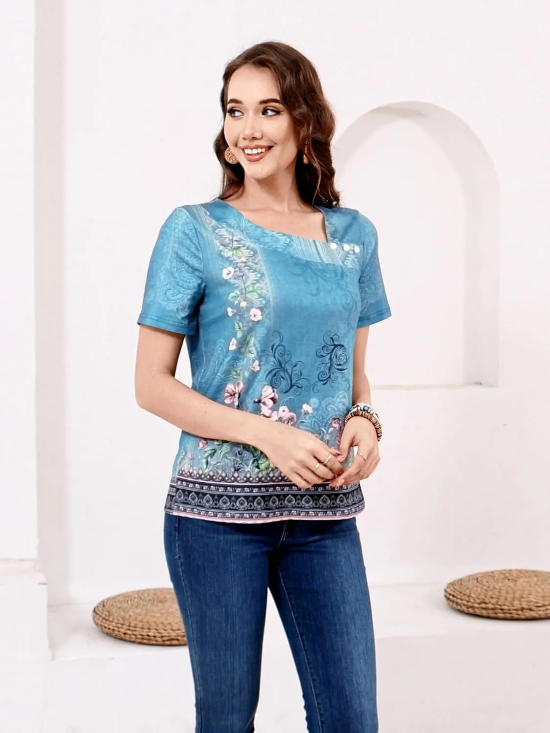 ETCYY Short Sleeve Tops for Women Trendy Summer Top 2025 Spring Shirts Square Neck Loose Tunic Dressy Casual Blouses