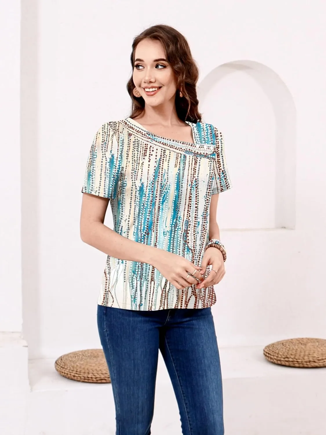 ETCYY Short Sleeve Tops for Women Trendy Summer Top 2025 Spring Shirts Square Neck Loose Tunic Dressy Casual Blouses