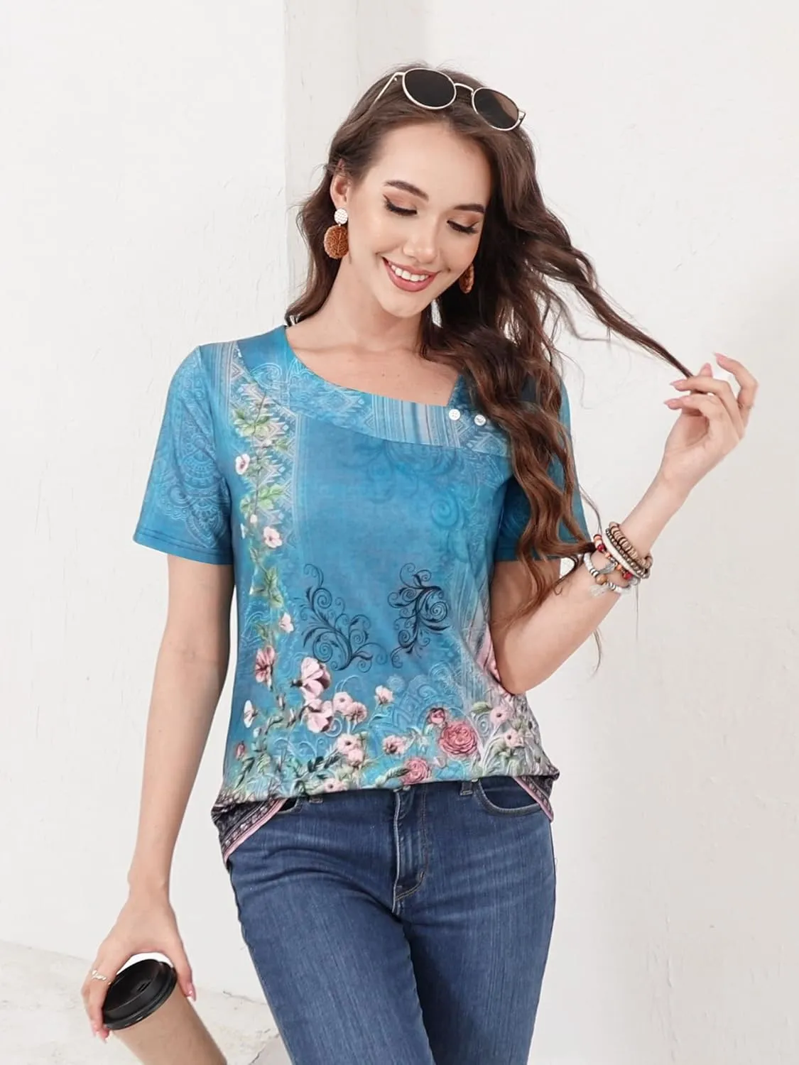 ETCYY Short Sleeve Tops for Women Trendy Summer Top 2025 Spring Shirts Square Neck Loose Tunic Dressy Casual Blouses