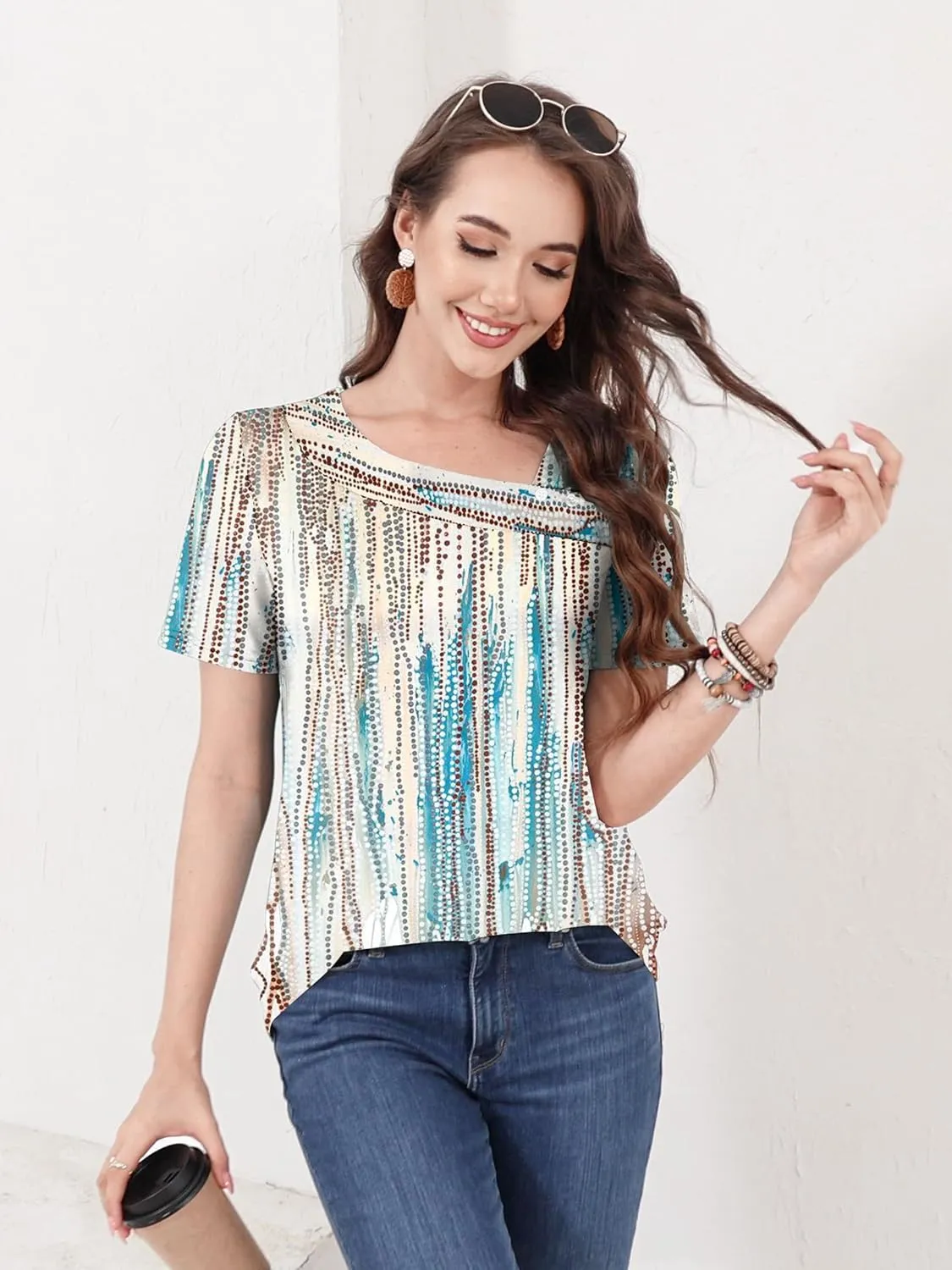 ETCYY Short Sleeve Tops for Women Trendy Summer Top 2025 Spring Shirts Square Neck Loose Tunic Dressy Casual Blouses