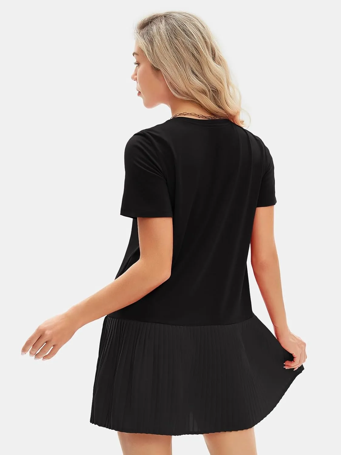 EXLURA Womens Summer Casual Short Sleeve Dress Crewneck Tshirt Dresses Pleated Aline Mini Dress 2025 Vacation Beach Sundress