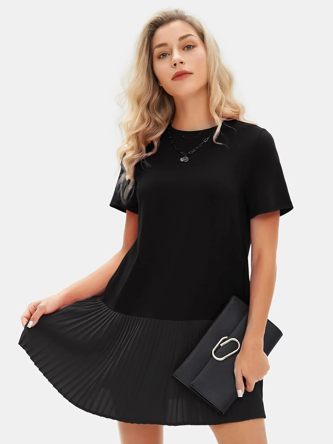 EXLURA Womens Summer Casual Short Sleeve Dress Crewneck Tshirt Dresses Pleated Aline Mini Dress 2025 Vacation Beach Sundress