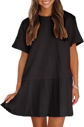 EXLURA Womens Summer Casual Short Sleeve Dress Crewneck Tshirt Dresses Pleated Aline Mini Dress 2025 Vacation Beach Sundress
