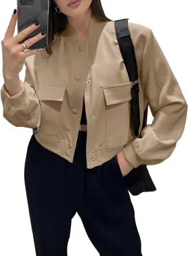 Fisoew Womens Cropped Bomber Jackets Casual Button Down Long Sleeve Stand Collar Coats with Pockets