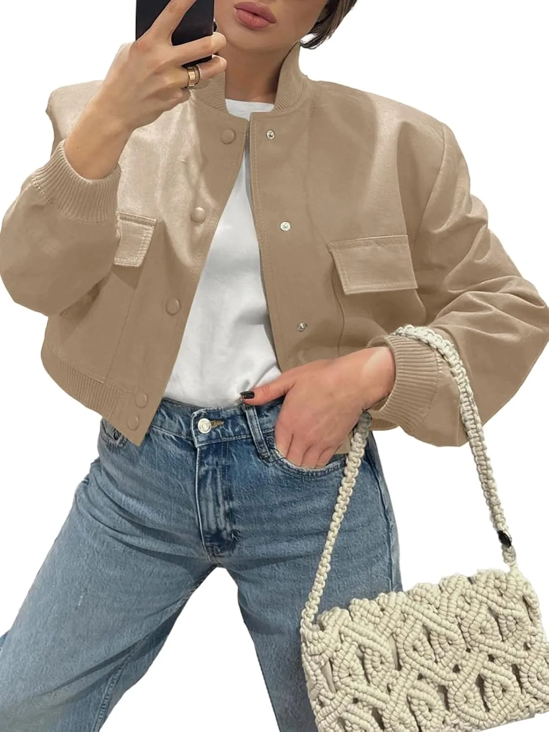 Fisoew Womens Cropped Bomber Jackets Casual Button Down Long Sleeve Stand Collar Coats with Pockets