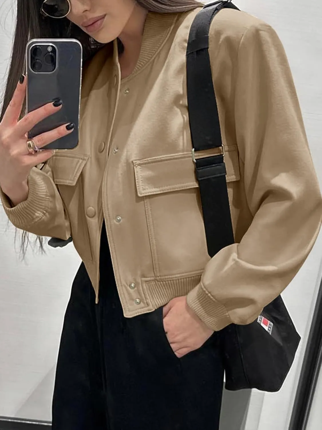 Fisoew Womens Cropped Bomber Jackets Casual Button Down Long Sleeve Stand Collar Coats with Pockets
