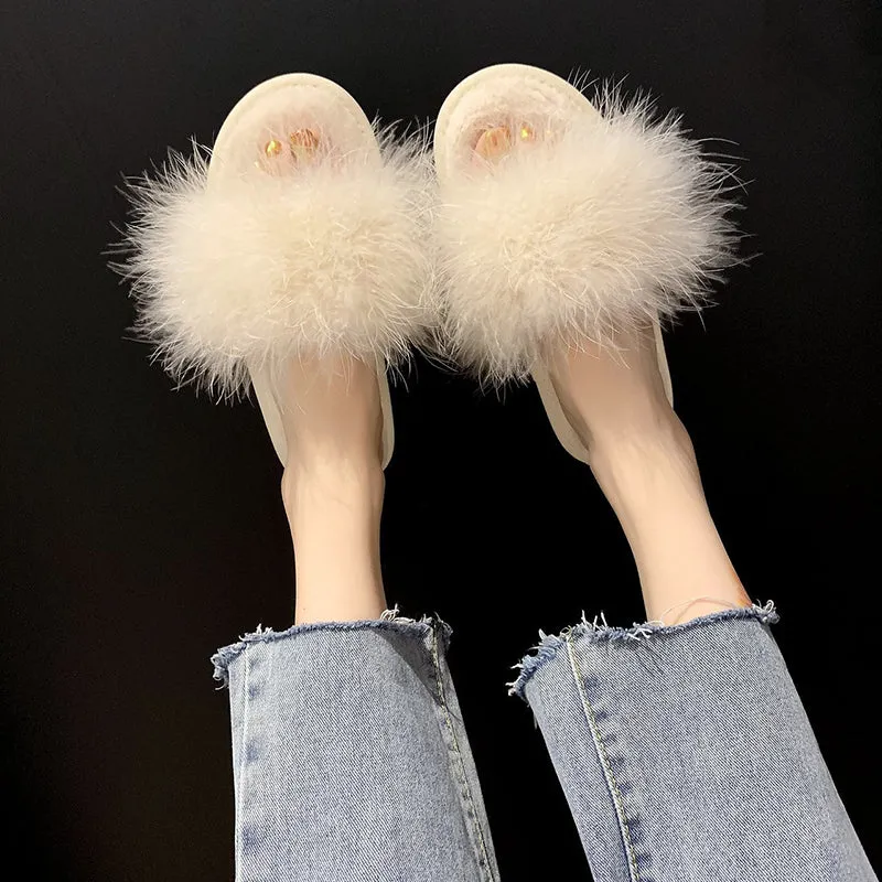 Fur peep toe slide sandals non slip flat sandals