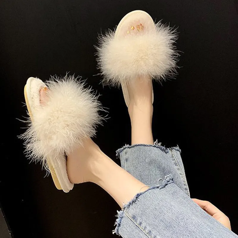 Fur peep toe slide sandals non slip flat sandals