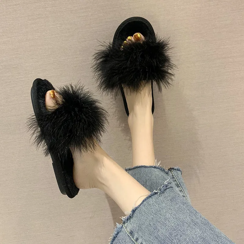 Fur peep toe slide sandals non slip flat sandals