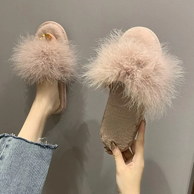 Fur peep toe slide sandals non slip flat sandals