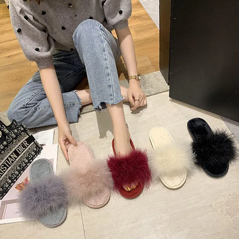 Fur peep toe slide sandals non slip flat sandals