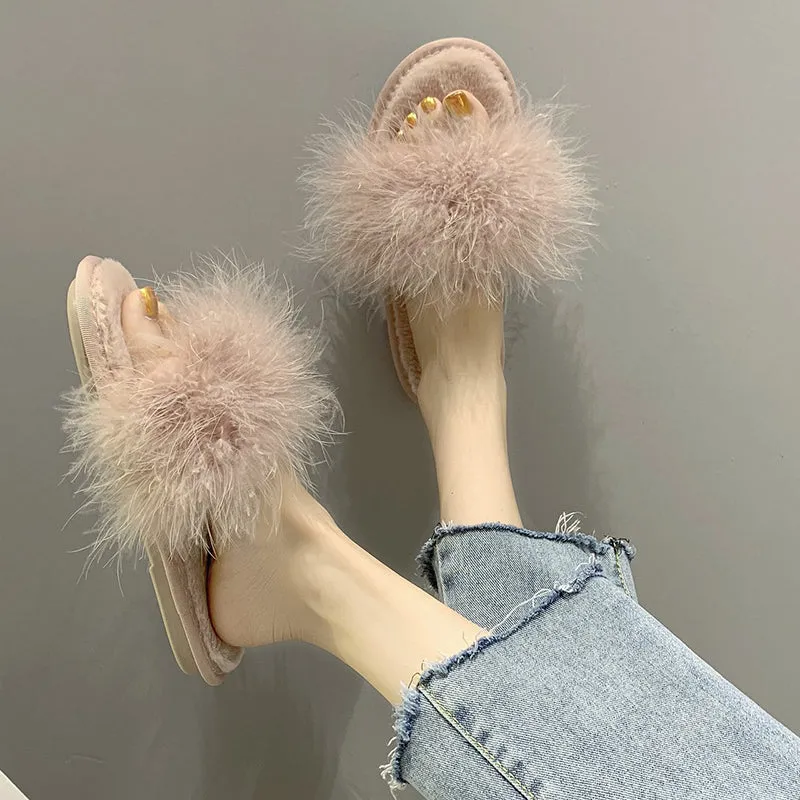Fur peep toe slide sandals non slip flat sandals