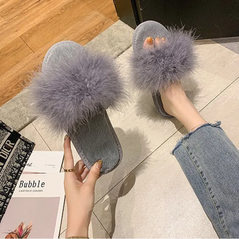 Fur peep toe slide sandals non slip flat sandals