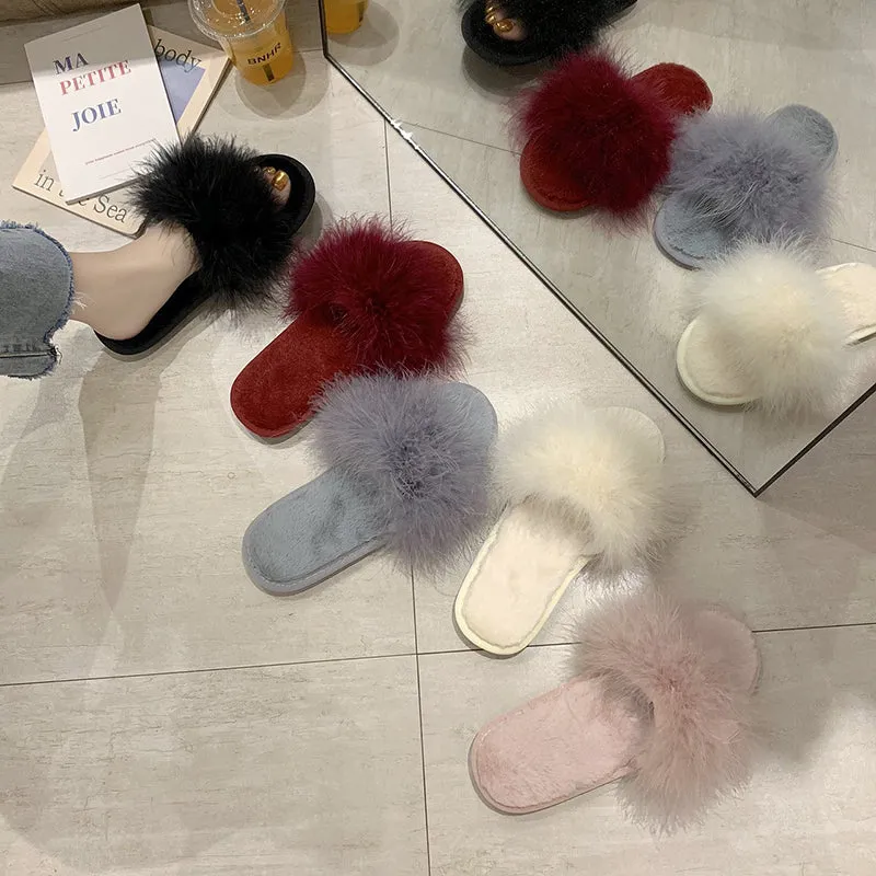 Fur peep toe slide sandals non slip flat sandals