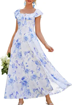 GRACE KARIN 2025 Womens Maxi Dresses Summer Off Shoulder Floral Dress Ruffle Split Beach Flowy Boho Wedding Guest Dress