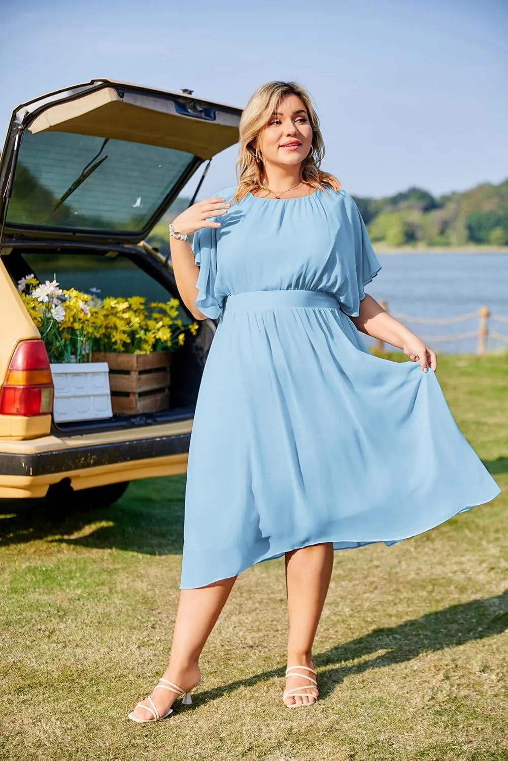 Hanna Nikole Plus Size Chiffon Dresses for Women Flounce Sleeves Empire Waist A Line Summer Beach Dress