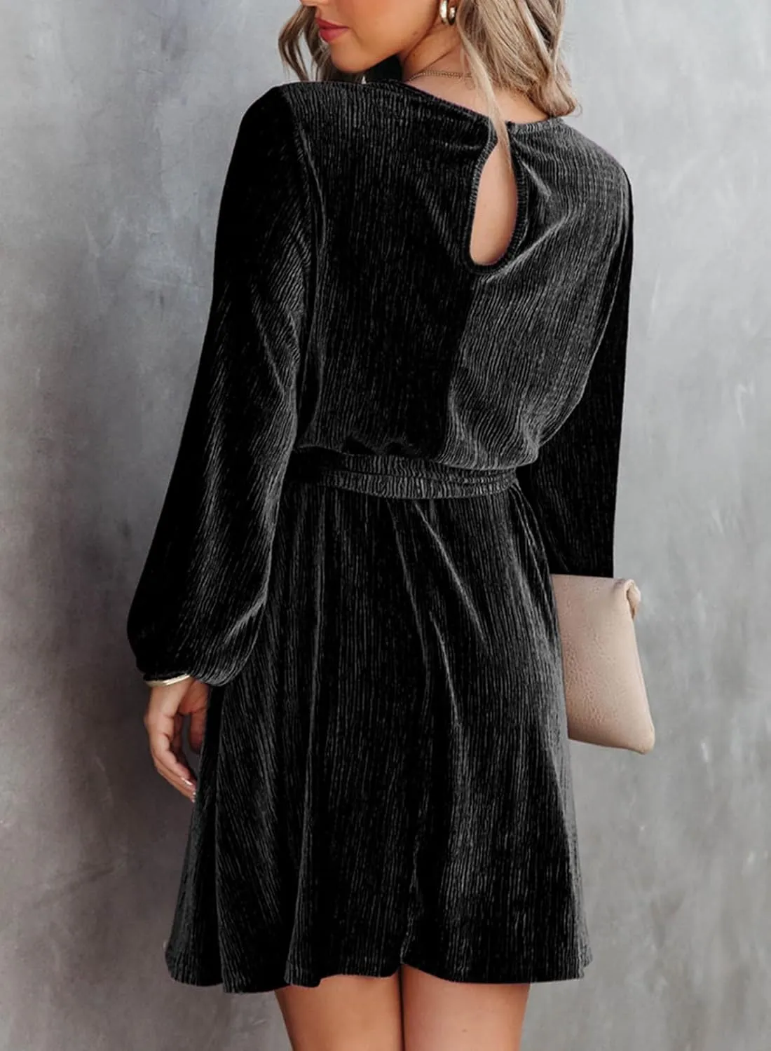Happy Sailed Women's Velvet Cocktail Dress Spring Fashion Lantern Sleeve High Waist A-Line Skater Party Dresses with Belt