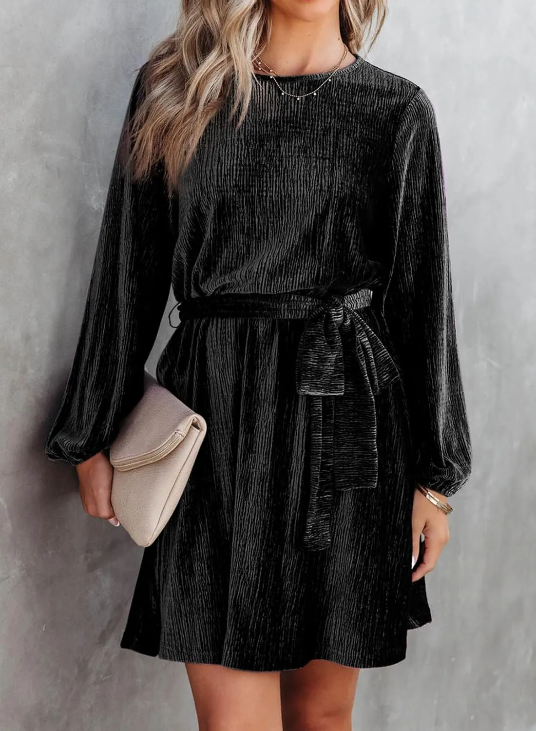 Happy Sailed Women's Velvet Cocktail Dress Spring Fashion Lantern Sleeve High Waist A-Line Skater Party Dresses with Belt